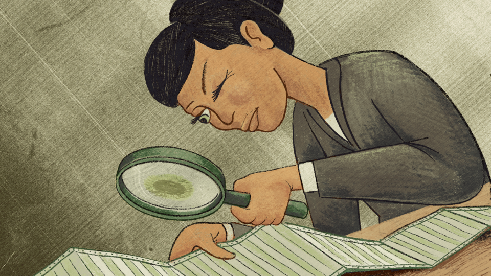 An illustration of an accountant looking at financial printouts with a magnifying glass