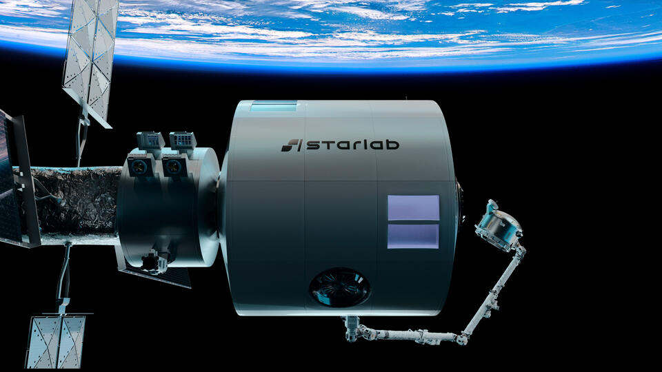 A rendering of a space station in orbit