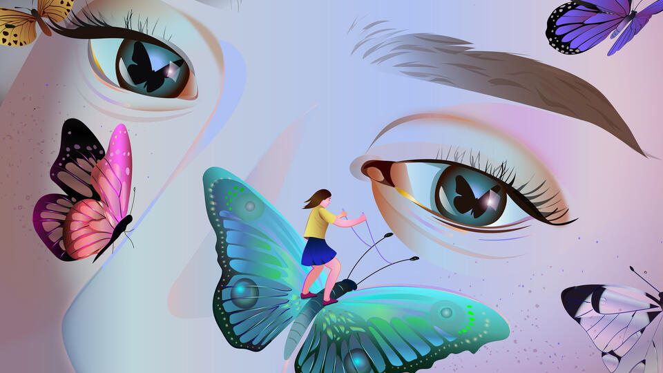 An illustration of butterflies around a woman's face, with a human figure on top of one of them