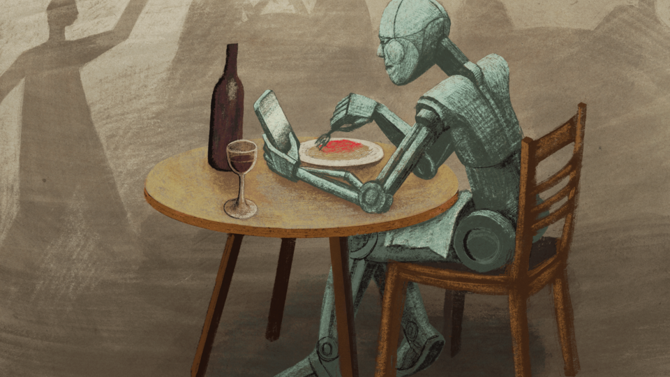A robot sitting at a table at a restaurant, writing a Yelp review on a smartphone