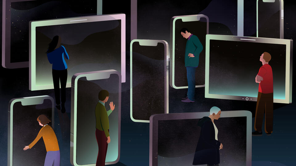 An illustration of shadowy figures moving among screens of phones and other devices