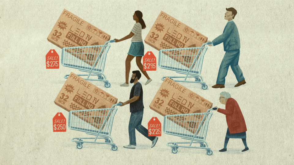 An illustration of four people with TVs in shopping carts, all with different prices
