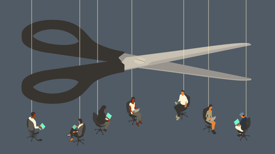 An illustration of scissors cutting strings holding up office workers with computers