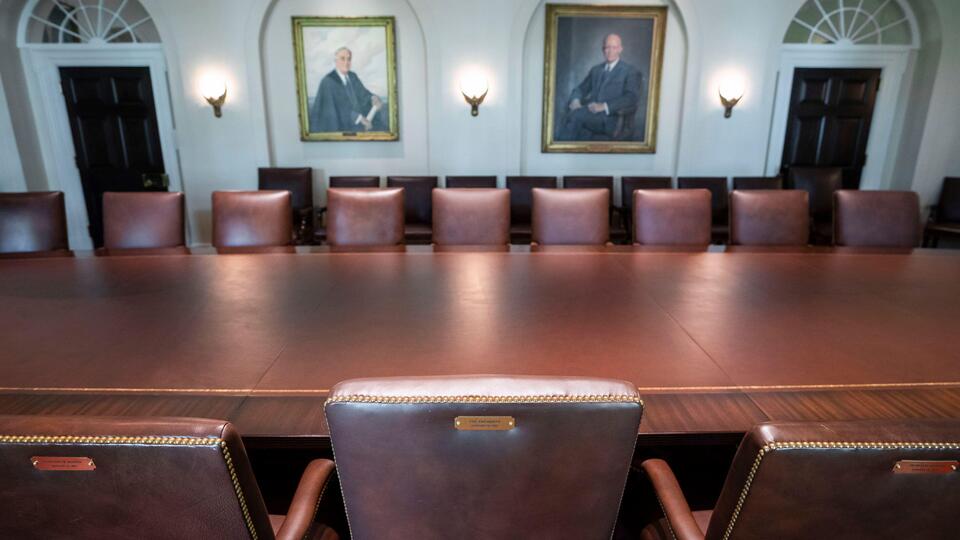 The cabinet room at the White House, from behind the president's chair