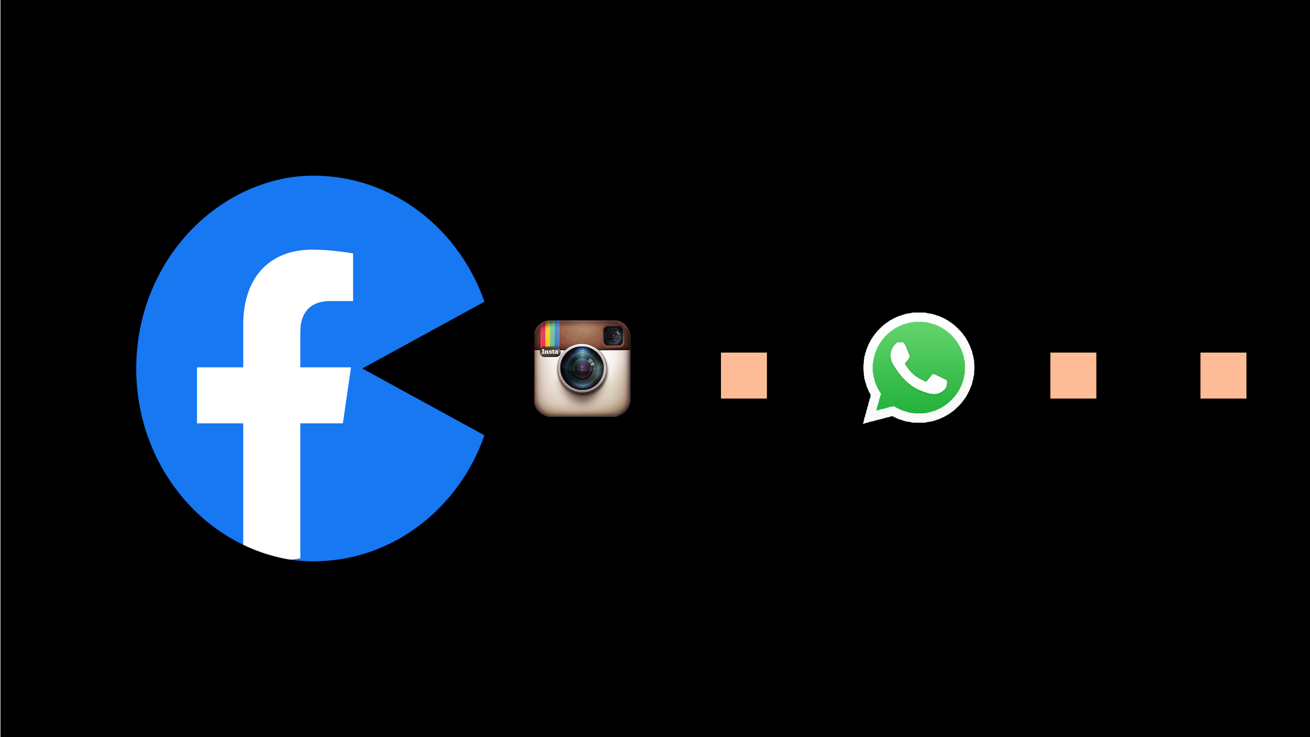 An illustration of a Facebook logo as Pac-Man eating Instagram and WhatsApp logos