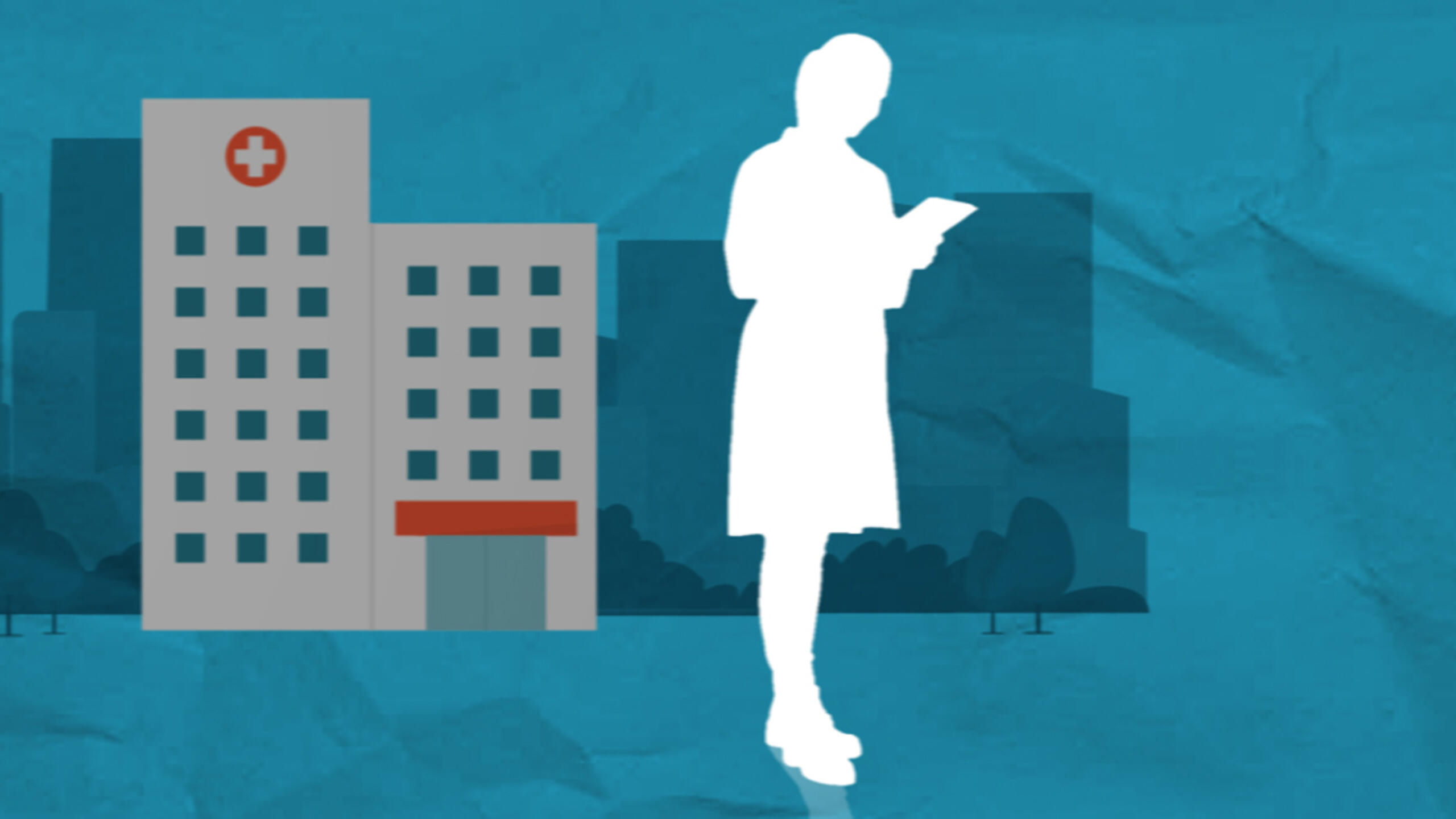 Illustration of a hospital and a person reading a bill