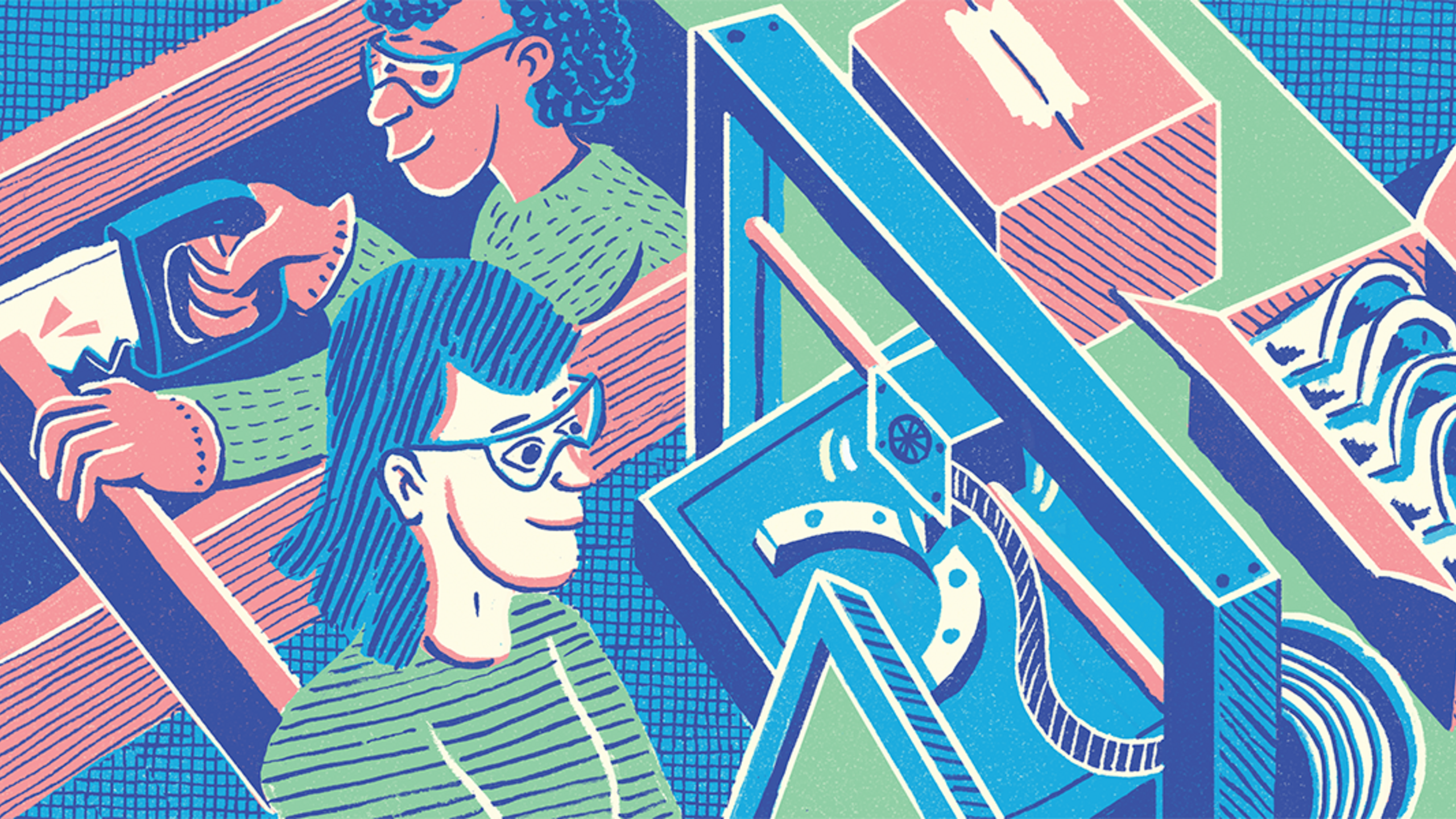 An illustration of girls and women learning trades and 3-D printing masks for healthcare workers