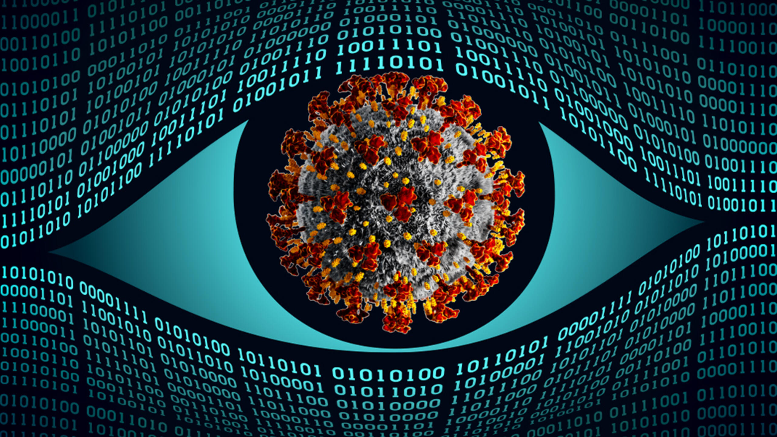 An illustration of an eye made out of data with an image of the COVID-19 virus in the center