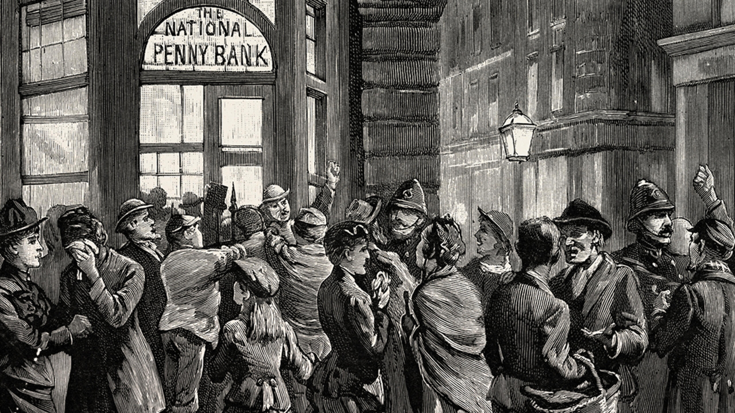 A run on the National Penny Bank in London in 1888. Image: Universal History Archive/Universal Images Group via Getty Images.