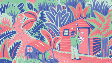 An illustration of a public-health worker knocking on a door in the jungle