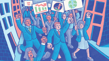 An illustration of people in business clothes marching with signs