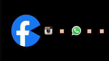 An illustration of a Facebook logo as Pac-Man eating Instagram and WhatsApp logos