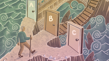 An illustration of a man choosing between three doors leading into shark-infested waters