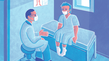 An illustration of a patient and a doctor in an exam room, both wearing masks