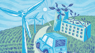 An illustration of an electric car moving through a landscape of wind turbines