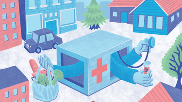 An illustration of a clinic at the center of a neighborhood
