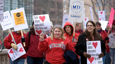 Teachers protesting Wisconsin governor Scott Walker's proposal to eliminate collective bargaining for state workers, in 2010. Photo: Mark Hirsch/Getty Images.