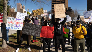 Demonstrators outside the Georgia Capitol on March 2, 2021. Photo: Megan Varner/Getty Images.