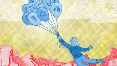 An illustration of balloons with healthcare symbols lifting a woman out of a pile of bills