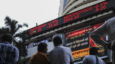 Mumbai's BSE stock exchange on March 9, 2020, as the COVID-19 pandemic sparked a plunge in stock prices. Photo: Dhiraj Singh/Bloomberg via Getty Images.