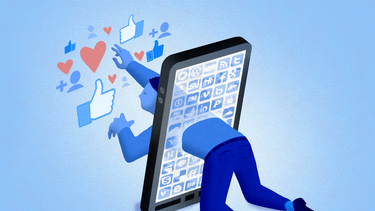 An illustration of someone reaching through a smartphone screen and reaching for likes and other social media icons