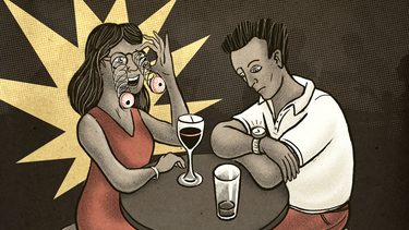 An illustration of a woman wearing novelty glasses telling a joke while her male companion looks at his watch