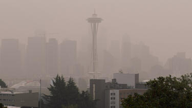 Seattle's Space Needle obscured by smoke from wildfires in September 2020.
