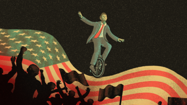 An illustration of a politician riding a unicycle in front of a cheering crowd