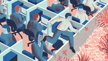 An illustration of workers in cubicles, with some starting to climb our of their cubicles