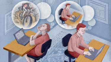 An illustration of two men working at desks in a living room. One is imagining mountain biking; the other is picturing himself working