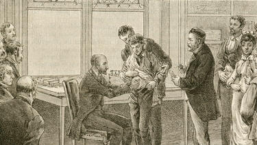 A drawing of a 19th-century doctor examining a child