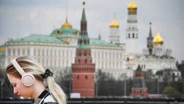 A young woman near the Kremlin on April 27, 2022. 