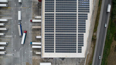 Solar panels on the roof of a warehouse at the Sonae MC food logistics hub in Azambuja, Portugal.
