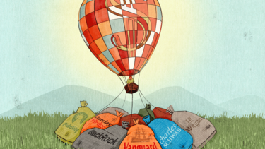 A balloon tethered to the ground with sandbags labeled with the names of mutual fund companies