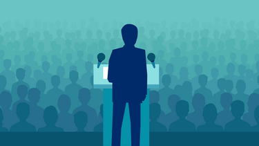 An illustration of a CEO speaking to a crowd