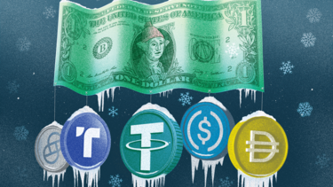 A dollar floating in a frozen landscape with stablecoins tethered to it