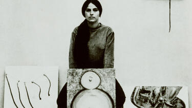 Sculptor Eva Hesse,  who received a BFA from Yale in 1959, with her work.  