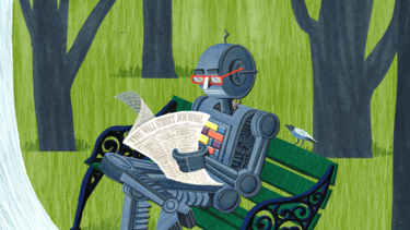An illustration of a robot reading the Wall Street Journal