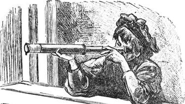 A vintage image of a person looking through a telescope