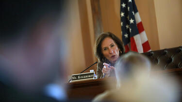 Texas State Senator Lois Kolkhorst questioning finance industry executives about ESG investing at a hearing in December 2022. 