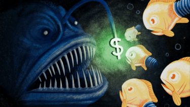 An illustration of fish/lightbulbs being attracted to a glowing dollar sign suspended by an anglerfish.