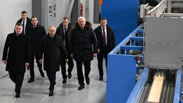 Vladimir Putin visiting the Ustianskiy timber complex in Arkhangelsk, Russia, in February. 