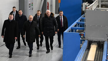 Vladimir Putin visiting the Ustianskiy timber complex in Arkhangelsk, Russia, in February.