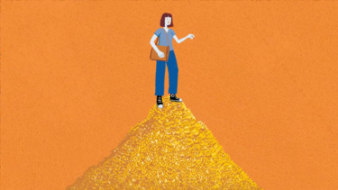 An illustration of a woman standing on top of a pile of coins