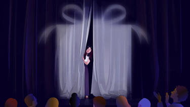 An illustration of a woman peaking through curtains in front of a gift box