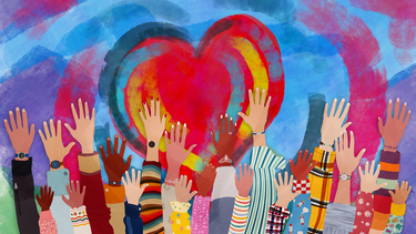 An illustration of hands raised in front of a heart