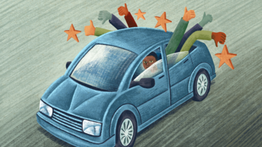 An illustration of a ride-share driver with thumbs up and thumbs down ratings emerging from the rear windows of his car.
