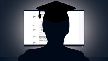 An illustration of a person wearing a mortar board sitting in front of a computer in the dark