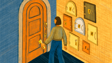 An illustration of a woman choosing between one door and multiple doors