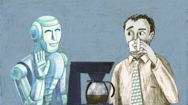 An illustration of a robot greeting an office worker drinking coffee